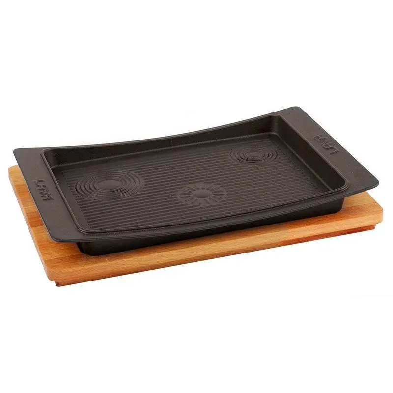 Promozione Esclusiva 36x24 cm - Paderno Cast Iron Cookware Piatto In Ghisa Con Supporto In Legno