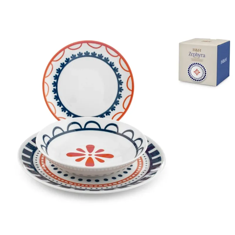H&H Zephyra Servizio Piatti In Porcellana - Set 18 Pz Pagamento Sicuro