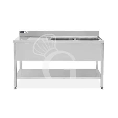 Saldi Lavello semplice con alzatina, 1 ripiano, 2 vasche, gocciolatoio a sinistra, L1400xP700xH965mm - SECONDA SCELTA