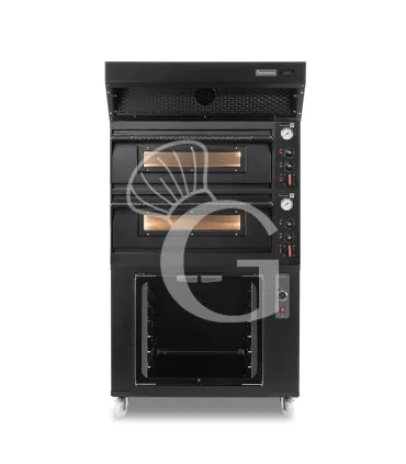 Forno pizza elettrico meccanico 4+4 pizze Ø 350 mm - 12 Kw design nero, cappa a condensazione nera e cella di lievitazione nera Sconto
