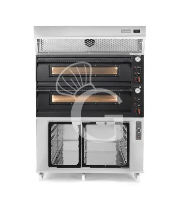 Forno pizza elettrico meccanico 6+6 pizze Ø 350 mm - 18 Kw design nero, cappa a condensazione inox e cella di lievitazione inox Ultima Occasione