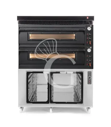Forno pizza elettrico meccanico 6 + 6 pizze Ø 350 mm - 18 Kw con design nero, cappa nera e cella di lievitazione inox Prezzo Conveniente