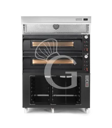 Compra Adesso Forno pizza elettrico meccanico 6+6 pizze Ø 350 mm - 18 Kw design nero, cappa a condensazione inox e cella di lievitazione nera