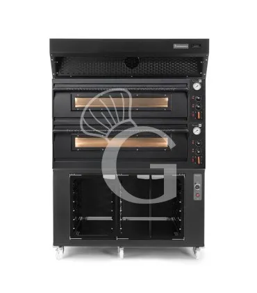 Forno pizza elettrico meccanico 6+6 pizze Ø 350 mm - 18 Kw design nero, cappa a condensazione nera e cella di lievitazione nera Compra Adesso