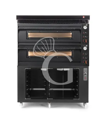 Forno pizza elettrico meccanico 6 + 6 pizze Ø 350 mm - 18 Kw con design nero, cappa nera e cella di lievitazione nera Promozione Esclusiva