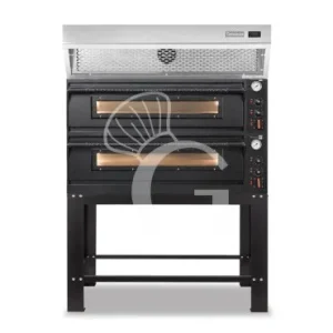 Vendita Finale Forno pizza elettrico meccanico 6 + 6 pizze Ø 350 mm - 18 Kw con design nero, cappa a condensazione inox e supporto