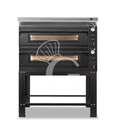 Forno pizza elettrico meccanico 6 + 6 pizze Ø 350 mm - 18 Kw con design nero, cappa inox e supporto Scelto Dai Clienti