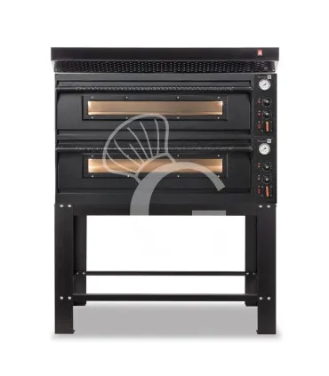 Forno pizza elettrico meccanico 6 + 6 pizze Ø 350 mm - 18 Kw con design nero, cappa nera e supporto Affare
