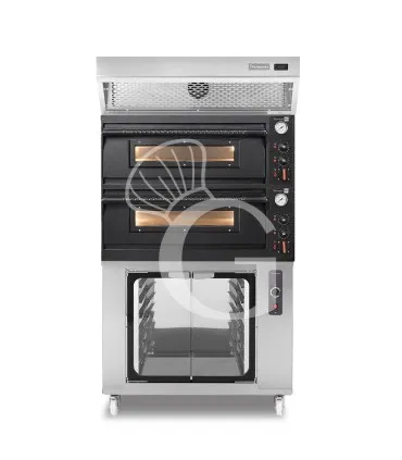 Prezzo Di Fabbrica Forno pizza elettrico meccanico 4+4 pizze Ø 350 mm - 12 Kw design nero, cappa a condensazione inox e cella di lievitazione inox