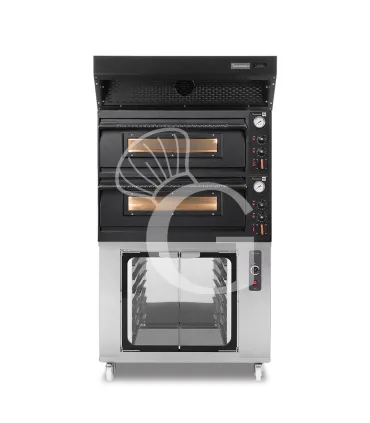 Forno pizza elettrico meccanico 4+4 pizze Ø 350 mm - 12 Kw design nero, cappa a condensazione nera e cella di lievitazione inox Must-Have