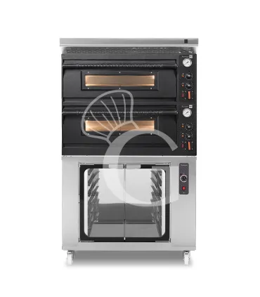 Forno pizza elettrico meccanico 4 + 4 pizze Ø 350 mm - 12 Kw con design nero, cappa inox e cella di lievitazione inox Di Tendenza