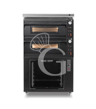 A Buon Prezzo Forno pizza elettrico meccanico 4 + 4 pizze Ø 350 mm - 12 Kw con design nero, cappa inox e cella di lievitazione nera