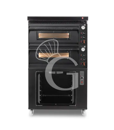 Forno pizza elettrico meccanico 4 + 4 pizze Ø 350 mm - 12 Kw con design nero, cappa nera e cella di lievitazione nera Popolare