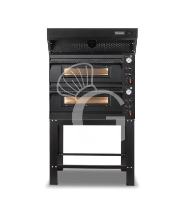 Forno pizza elettrico meccanico 4 + 4 pizze Ø 350 mm - 12 Kw con design nero, cappa a condensazione nera e supporto Offerta