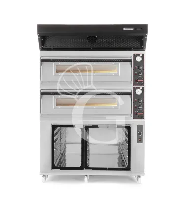 Offerta Forno pizza elettrico meccanico 6 + 6 pizze Ø 350 mm - 18 KW, cappa a condensazione nera e cella di lievitazione inox