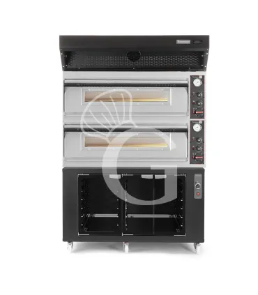 Scelto Dai Clienti Forno pizza elettrico meccanico 6 + 6 pizze Ø 350 mm - 18 KW, cappa a condensazione nera e cella di lievitazione nera