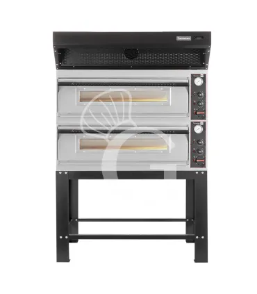 Novità Forno pizza elettrico meccanico 6 + 6 pizze Ø 350 mm - 18 KW, cappa a condensazione nera e supporto