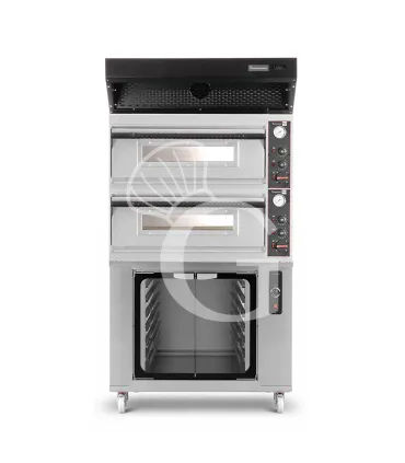 Più Venduto Forno pizza elettrico meccanico 4 + 4 pizze Ø 320 mm - 9,4 KW, cappa a condensazione nera e cella di lievitazione inox