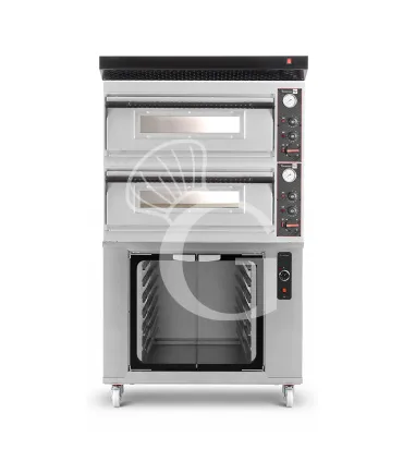 Forno pizza elettrico meccanico 4 + 4 pizze Ø 320 mm - 9,4 KW, cappa nera e cella di lievitazione inox Non Perdere