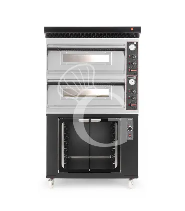 Forno pizza elettrico meccanico 4 + 4 pizze Ø 320 mm - 9,4 KW, cappa nera e cella di lievitazione nera Prezzo Scontato