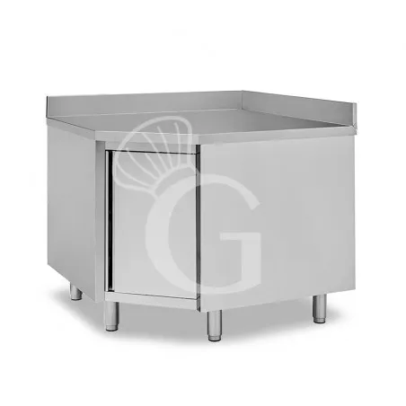 Tavolo armadiato a angolo in acciaio inox con porta battente e alzatina 900x900 mm – Profondità 600 mm Prezzo Ridotto