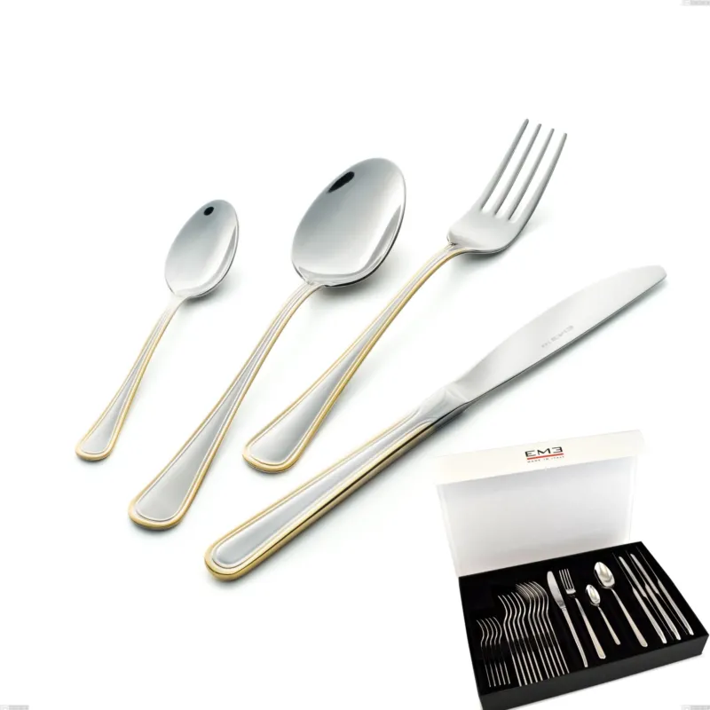 Popolare Servizio Posate GALLES ORO 24 pezzi acciaio inox e oro 18/10 AISI304 spessore 2 mm In Confezione Panoramica Eme Posaterie
