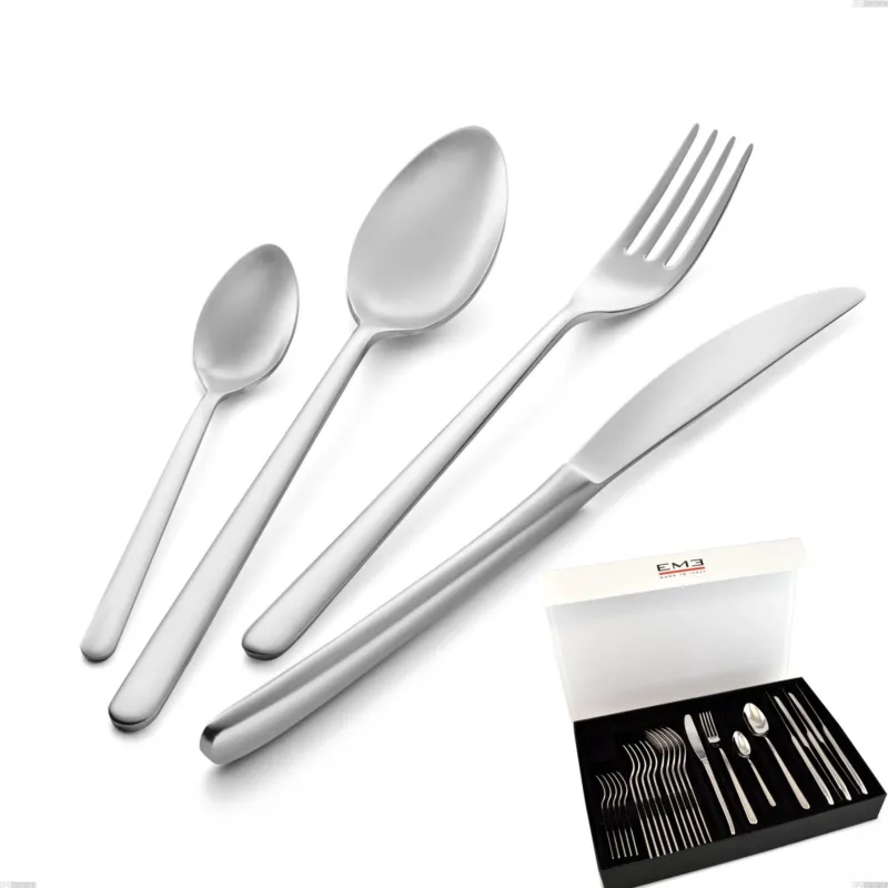 Vendita Finale Servizio Posate VENICE SABBIATO 24 pezzi acciaio inox sabbiato 1810 AISI304 spessore 4.0 mm In Confezione Panoramica Eme Posaterie