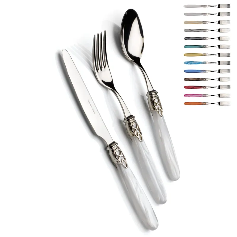 Prezzo Conveniente Servizio Posate Set 24 pezzi 6 posto tavola Gioiello Lucido in acciaio 18/10 manico acrilico madreperla con ghiera lucida finitura lucida inox Domus e Design Trasparente