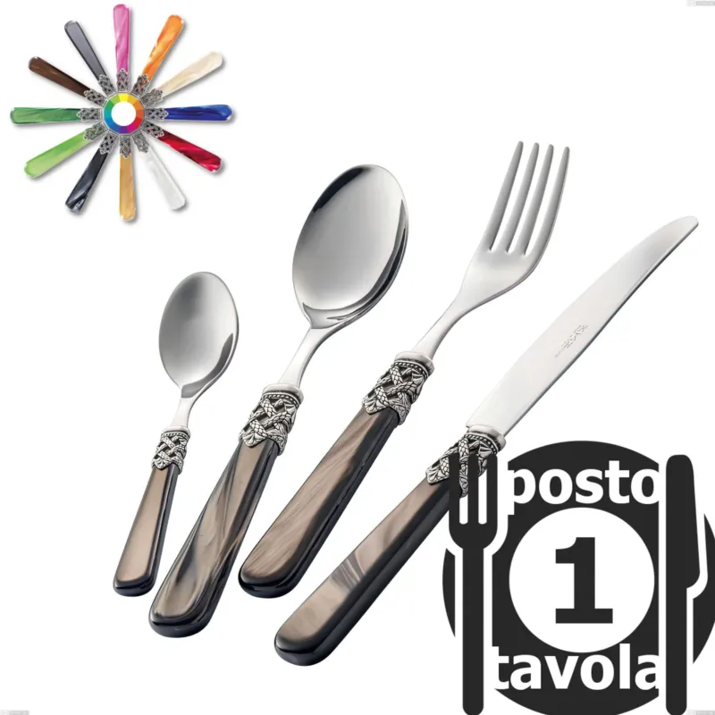 Set Posate colorate 4 pezzi GINEVRA 1 posto tavola 18/10 ghiera sui manici in confezione Eme Posaterie marrone perlato 1124 Ultimissimo Modello