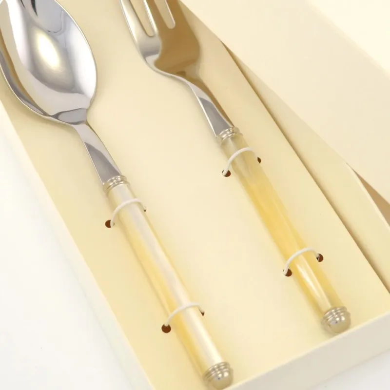 Confezione due pezzi Cucchiaione e Forchettone a servire PERLATO manicatura in acrilico con ghiera lunghezza 238 mm composizione in scatolata bomboniera serigrafata Eme Posaterie Avorio Perlato 13 EME Vendita Finale