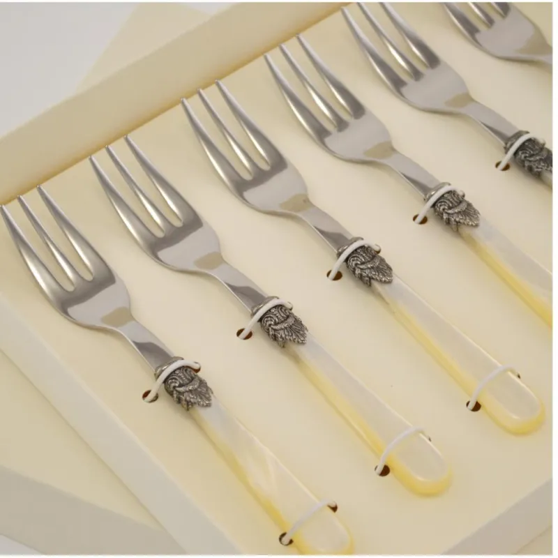 Promozione Confezione 6 Forchettine da Dolce NAPOLEON manicatura in acrilico con ghiera lunghezza 151 mm composizione in scatolata bomboniera serigrafata Eme Posaterie