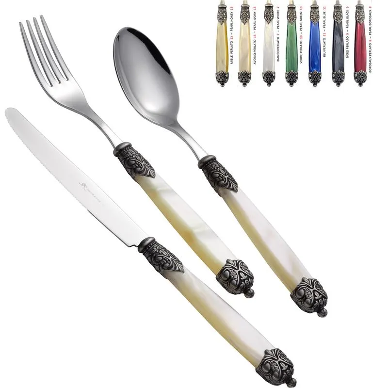 Ultima Occasione Posate Set 24 pezzi linea MIRAGE in acciaio 18/10 manico madreperla arrotondato parte finale lavabili in lavastoviglie Eme Posaterie Avorio Perlato 13 EME