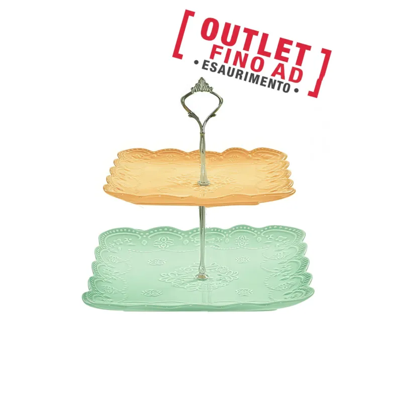 Alzata Due Piani quadrati in porcellana bianca biscuit 25,5x24,5 cm colore Pesca e verde Kaleidosmilano Ultimissimo Modello