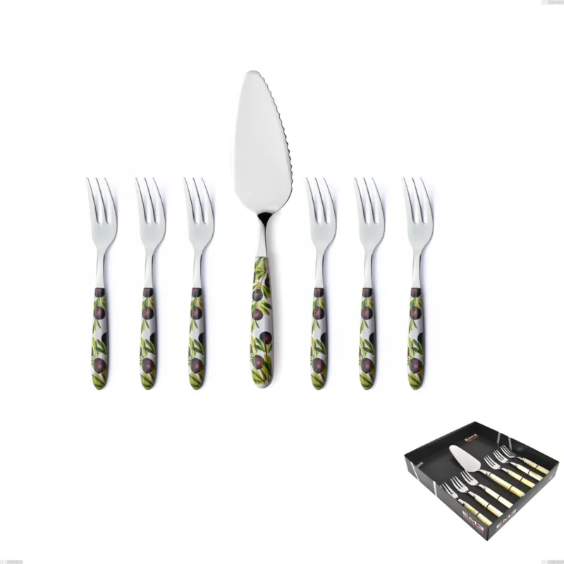 Confezione vetrina 7 pezzi, forchettine più paletta dolce Vero Taggia, acciaio 18.0 nickel free, manicatura pbt sublimato acciaio lucido Eme Posaterie Pagamento Sicuro