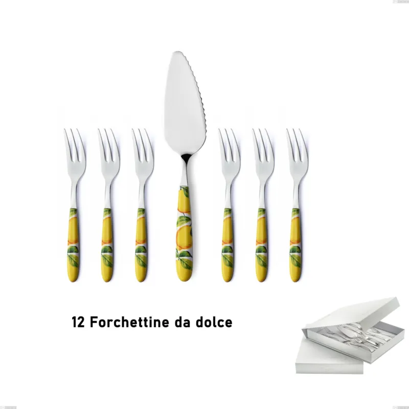 Confezione a libro 13 pezzi, forchettine più paletta dolce Vero Sorrento, acciaio 18.0 nickel free, manicatura pbt sublimato acciaio lucido Eme Posaterie Occasione