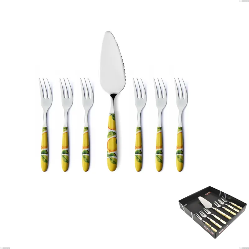 Confezione vetrina 7 pezzi, forchettine più paletta dolce Vero Sorrento, acciaio 18.0 nickel free, manicatura pbt sublimato acciaio lucido Eme Posaterie Prezzo Conveniente