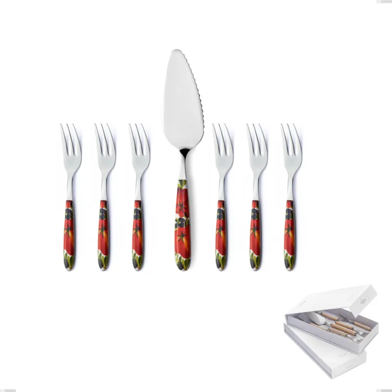 Economico Confezione a libro 7 pezzi, forchettine più paletta dolce Vero Albenga, acciaio 18.0 nickel free, manicatura pbt sublimato acciaio lucido Eme Posaterie