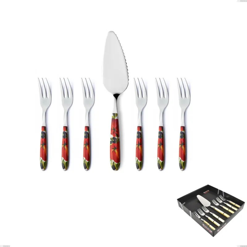 Professionale Confezione vetrina 7 pezzi, forchettine più paletta dolce Vero Albenga, acciaio 18.0 nickel free, manicatura pbt sublimato acciaio lucido Eme Posaterie