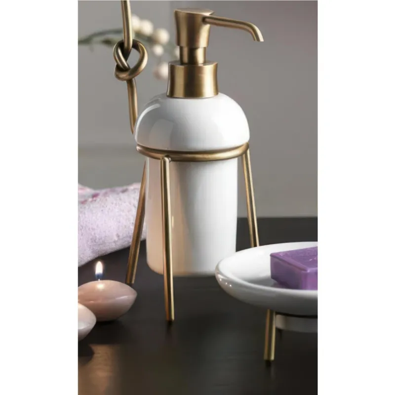 Porta Dispenser da appoggio in Ottone Bronzo Satinato con Bicchiere in Ceramica Dimensione 16x10xh 18 cm, Linea RETRO bicchiere in ceramica Bronzo Satinato Capannoli Bagno Promo Stagionale