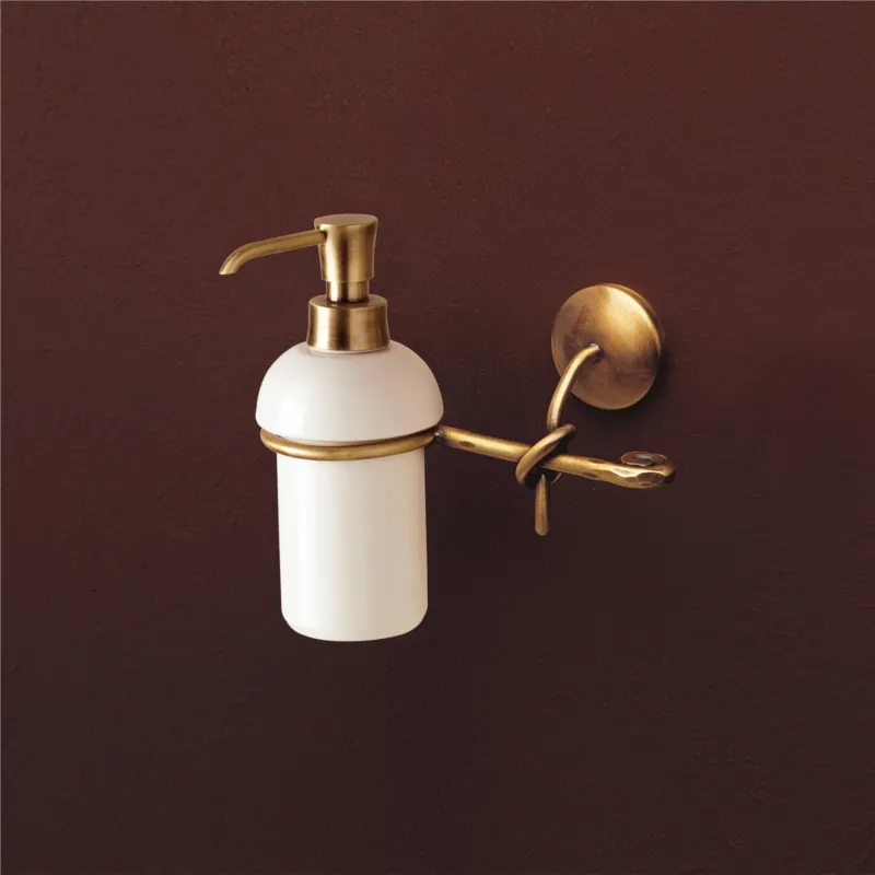 Porta Dispenser da Parete in Ottone Bronzo Satinato con Bicchiere in Ceramica Dimensione 16x10xh 18 cm, Linea RETRO bicchiere in ceramica Bronzo Satinato Capannoli Bagno Ultime Pezzi