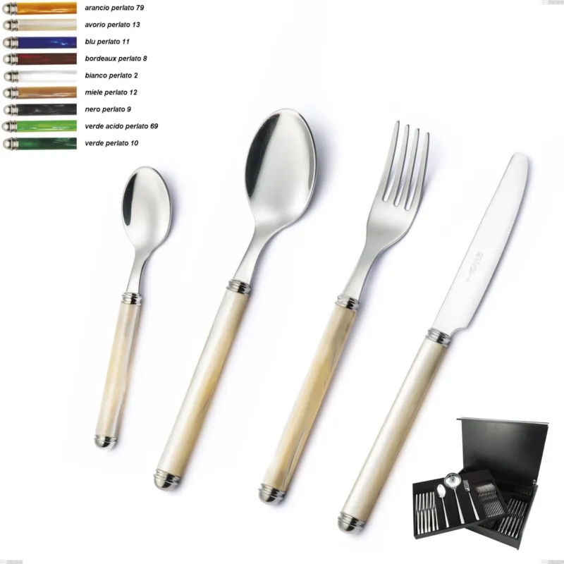 Servizio di posate 75 pezzi in astuccio di legno Linea Perlato, Acciaio inox 18/10 (AISI304) Eme Posaterie arancio perlato 79 Prezzo Ridotto
