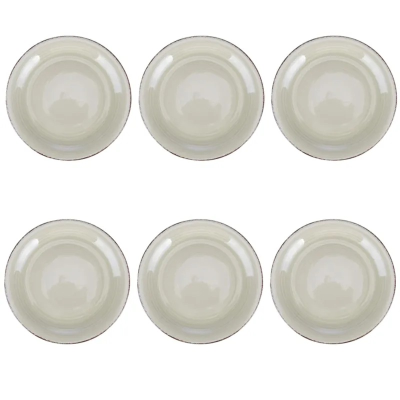 Ordina Subito Set 6 piatti frutta, 4 Toni In gres dipinto a mano (stoneware) Con bordino marrone Misure Ø 19,3 x h. 2,5 cm Lavabili in lavastoviglie Utilizzabili in microonde Colore sabbia VDE Tivoli 1996