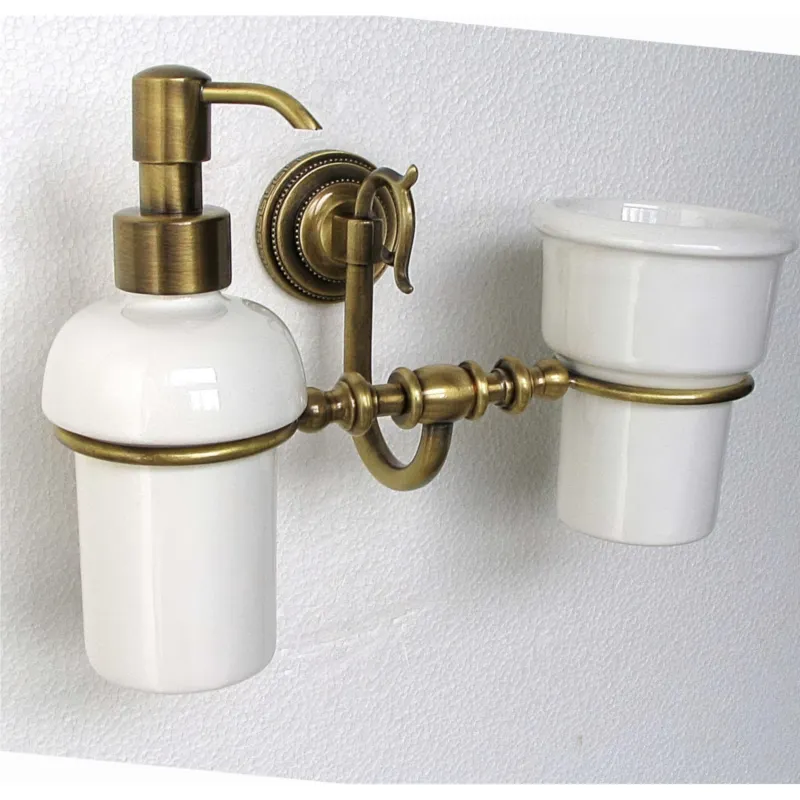 Porta Dispenser e Bicchiere dentifrici Ottone Bronzo Satinato con Bicchiere e Dispenser in Ceramica Dimensione 25x12xh 20 cm, Linea FLORENCE bicchiere in ceramica Bronzo Satinato Saccardi 1973 Compra Oggi Stesso