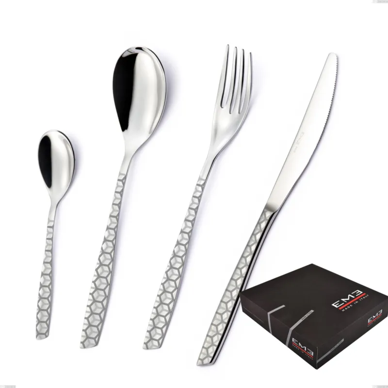 Esclusivo Set di posate 75 pezzi eleven exa in confezione regalo, Acciaio inox Aisi 304 Acciaio lucido disegno laser, spessore 2.5mm Eme Posaterie