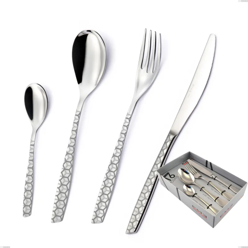 Confezione vetrina 16 pezzi eleven exa, Acciaio inox Aisi 304 Acciaio lucido disegno laser, spessore 2.5mm Eme Posaterie Prezzo Basso