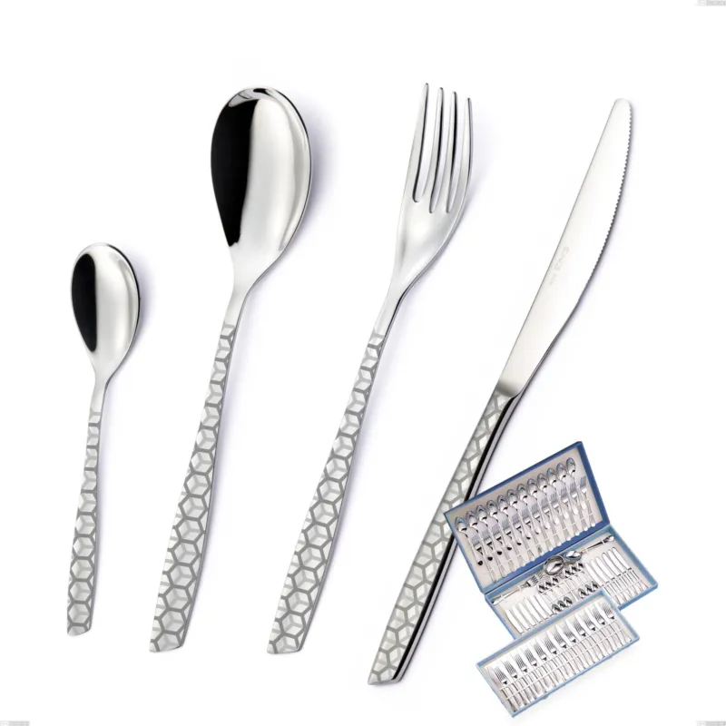 Astuccio 75 pezzi eleven exa, Acciaio inox Aisi 304 Acciaio lucido disegno laser, spessore 2.5mm Eme Posaterie Pagamento Sicuro