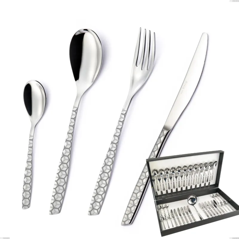 Astuccio 49 pezzi eleven exa, Acciaio inox Aisi 304 Acciaio lucido disegno laser, spessore 2.5mm Eme Posaterie Prezzo Scontato