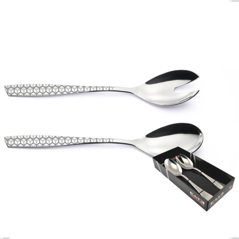 Confezione vetrina 2 pezzi insalata eleven exa, Acciaio inox Aisi 304 Acciaio lucido disegno laser, spessore 2.5mm Eme Posaterie Scelto Dai Clienti