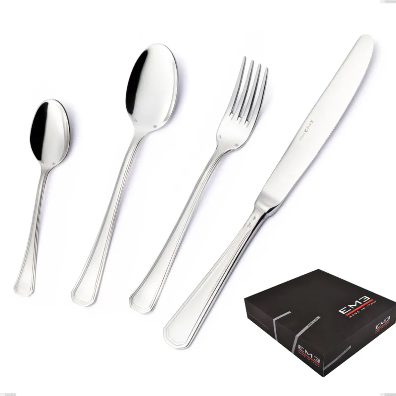 Offerta Set di posate 75 pezzi Savoia Argento 8 micron in confezione regalo, Acciaio inox Aisi 304 Finitura Argentata, spessore argento 8 micron, spessore posata 3 mm Eme Posaterie