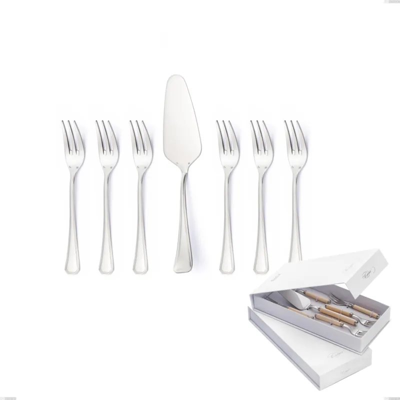 Confezione a libro 7 pezzi, forchettine più paletta dolce Savoia Argento 8 micron, Acciaio inox Aisi 304 Finitura Argentata, spessore argento 8 micron, spessore posata 3 mm Eme Posaterie Compra Adesso